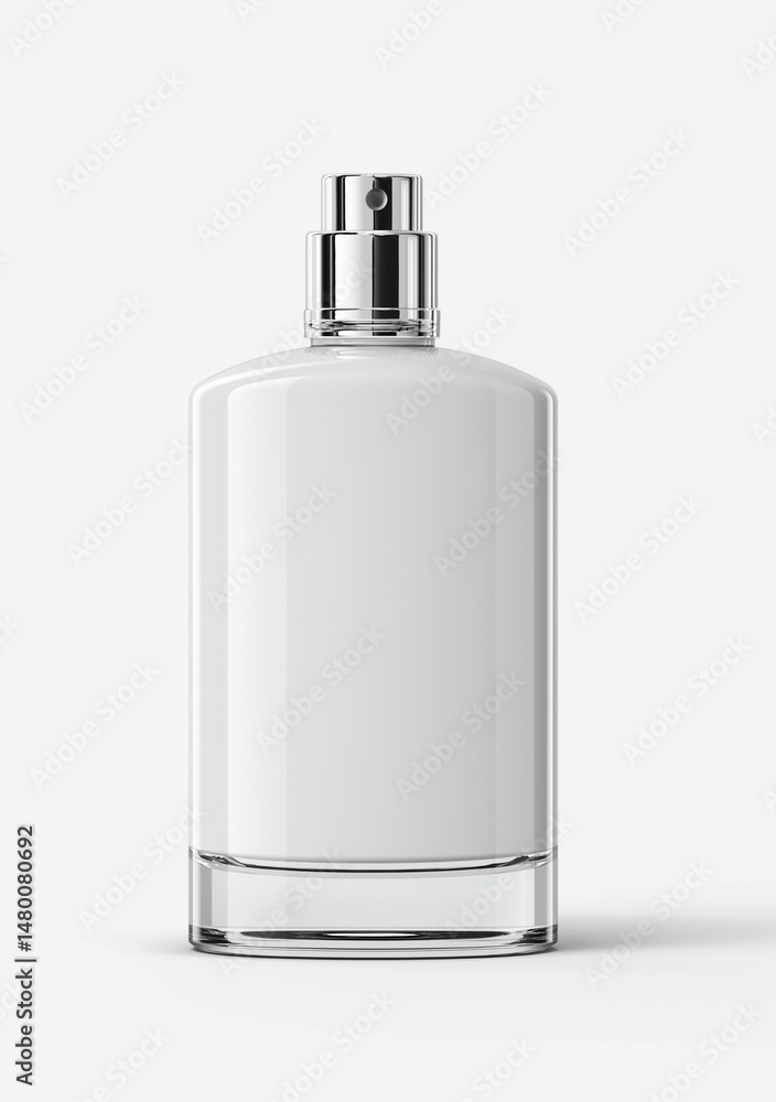 Sleek white plastic spray bottle with shiny silver nozzle and transparent base, designed for cosmetic or personal care use, standing on white background Sleek white plastic spray bottle with shiny silver nozzle and transparent base, designed for cosmetic or personal care use, standing on white background