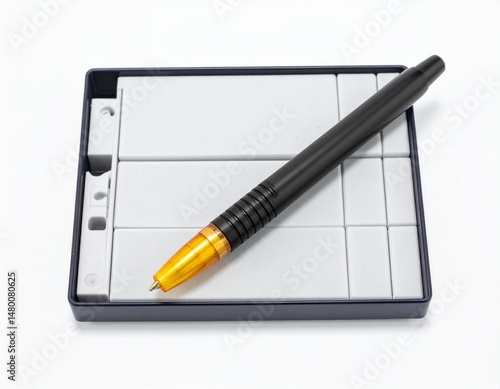 Wallpaper Mural Black pen with orange tip atop a white segmented box, possibly a digital tablet, against a white background Torontodigital.ca