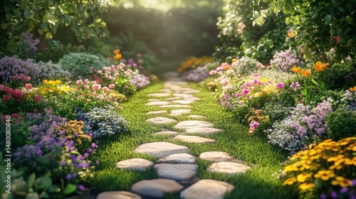 Serene Garden Pathway Surrounded by Colorful Flowers and Lush Greenery in Soft Morning Light