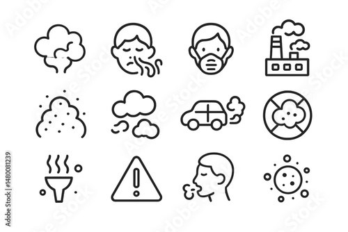 Visual representation of air pollution effects with various icons illustrating health impacts and sources