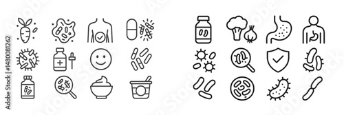 Health and wellness icons representing digestion, probiotics, and microbiome in a clean, modern design