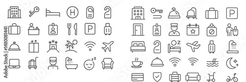 Collection of travel and hospitality icons depicting common elements found in hotels and airports