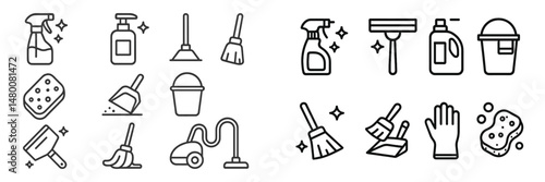 Cleaning supplies and tools displayed in various shapes illustrating household chores and maintenance
