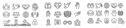 Collection of diverse icons representing themes of peace, unity, and justice in a minimalistic design