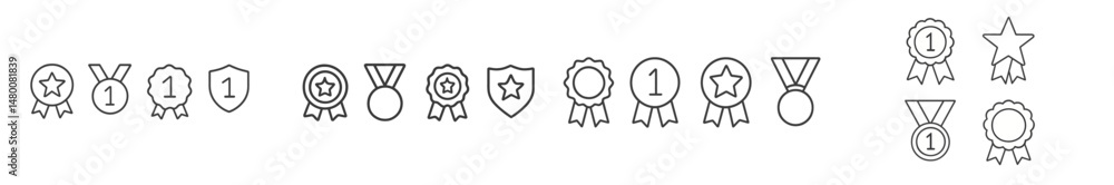 Fototapeta premium Various award icons including medals, shields, and star badges representing achievements and recognition in competitions