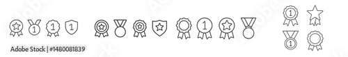 Various award icons including medals, shields, and star badges representing achievements and recognition in competitions