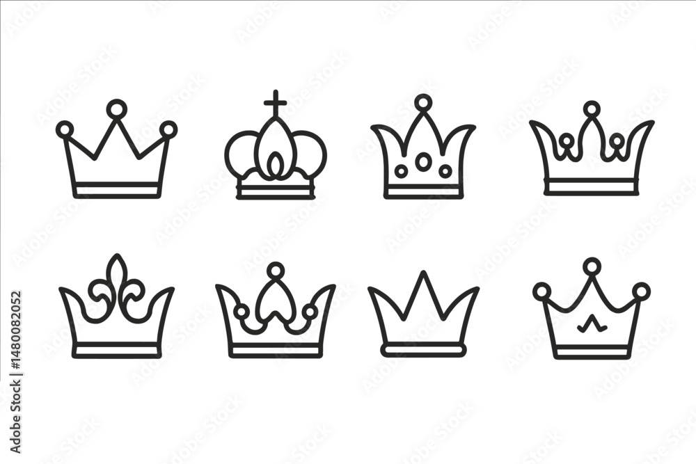 Various crown designs showcasing different shapes and styles for decorative or symbolic purposes in a minimalist illustration format Various crown designs showcasing different shapes and styles for decorative or symbolic purposes in a minimalist illustration format