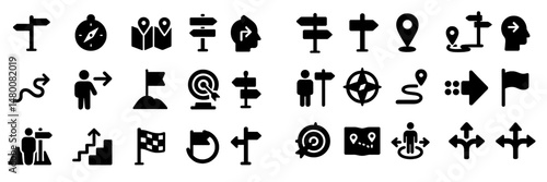 Collection of navigation and map icons illustrating various directional and locational symbols for guiding users