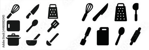 Kitchen utensils collection featuring essential tools like whisks, knives, and graters for cooking preparations and baking tasks