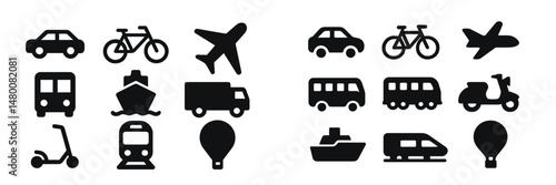 Various modes of transportation illustrated in simple graphics showing cars, bicycles, planes, and more