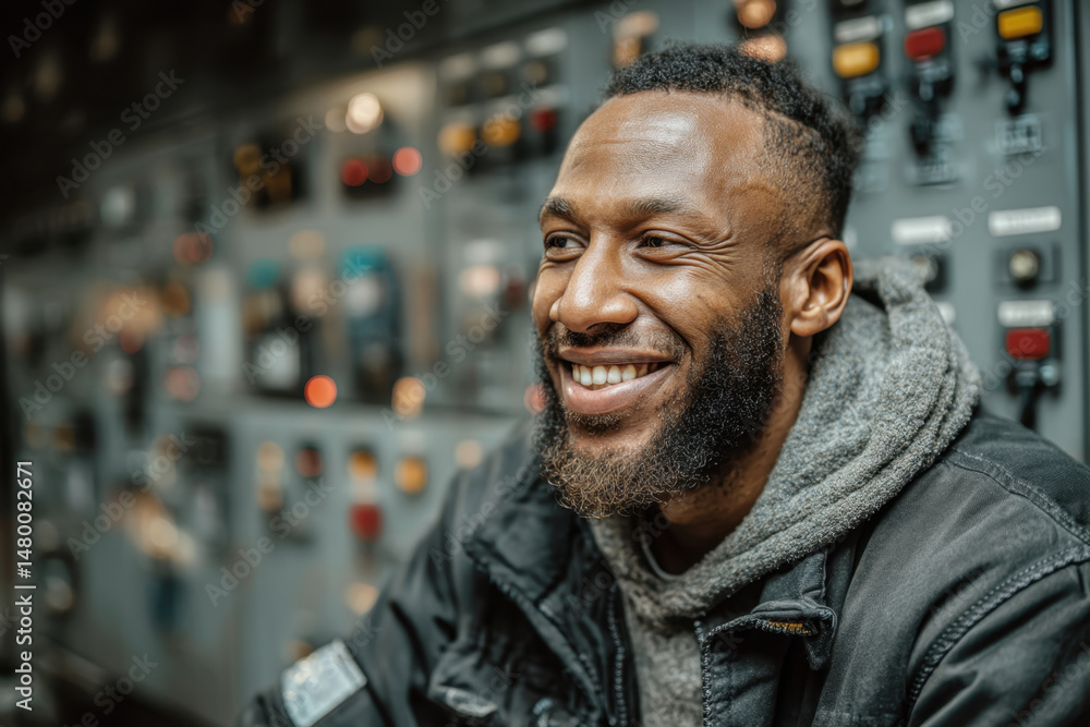 Man smiling in front of wall of electrical equipment. Man smiling in front of wall of electrical equipment.