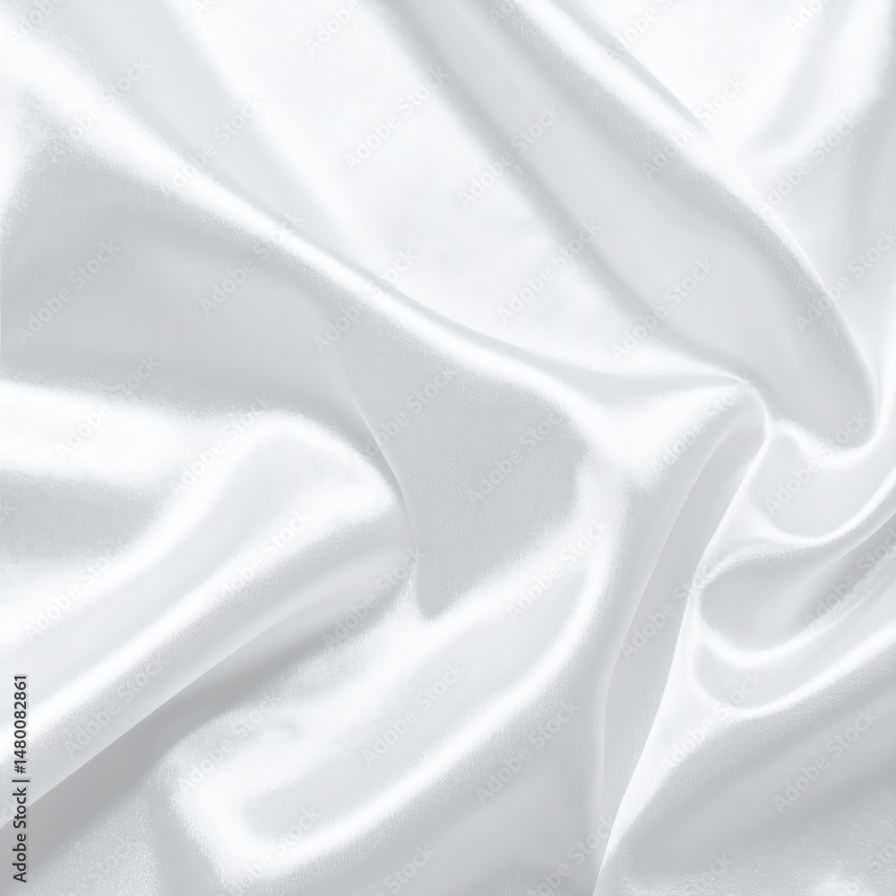 Fototapeta premium A smooth, luxurious white satin fabric background, featuring a subtle sheen that catches the light, creating an elegant and soft visual texture.
