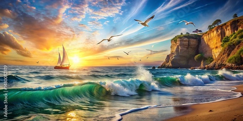 Double Exposure Coastal Scene: Hand-Drawn Sketch & Ocean Wave