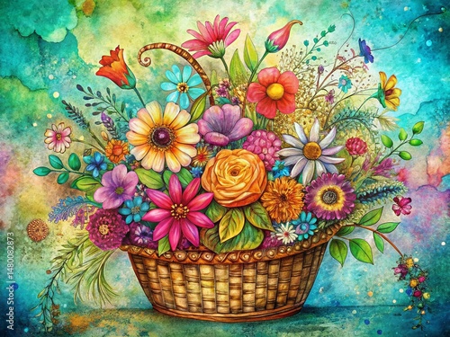 Double Exposure Flower Basket Doodle: Intricate Home Decor Illustration