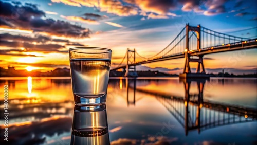 Double Exposure: Glass of Water Reflecting Bridge Silhouette