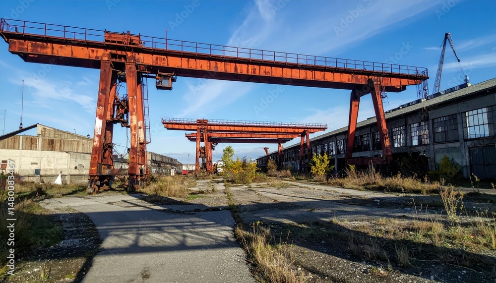 Fototapeta premium Abandoned Industrial Site with Rusty Cranes and Overgrown Pathway