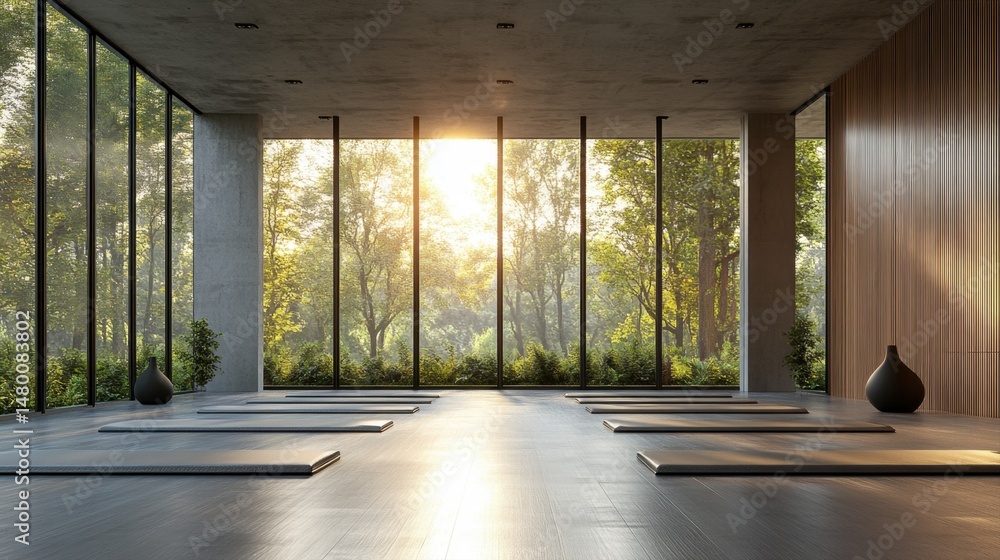 Fototapeta premium Serene Yoga Studio with Natural Light and Peaceful Outdoor View for Mindfulness Practice and Relaxation