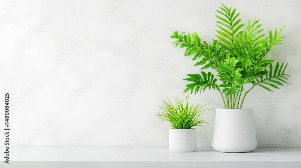 Obraz premium A serene arrangement of lush green plants in white pots against a minimalist background, adding a touch of nature to indoor decor.
