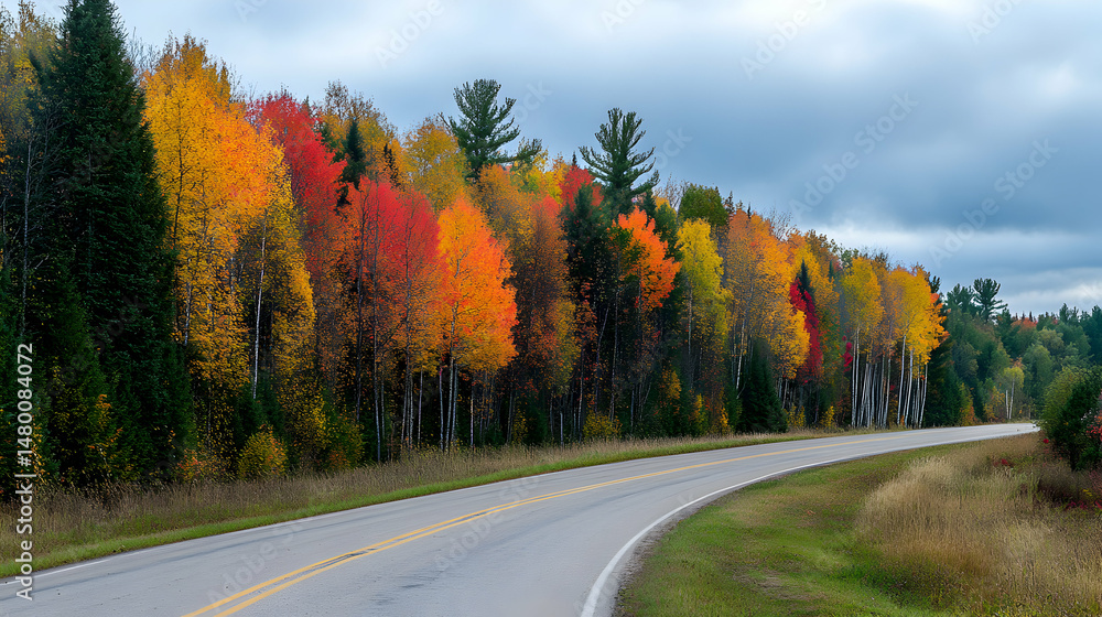 Fototapeta premium Scenic highway curves through forest ablaze with autumnal colors and cloudy sky