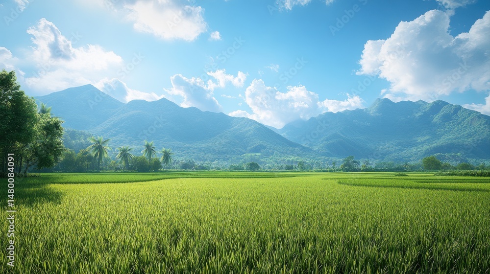 Lush Green Rice Field Under Bright Blue Sky with Mountain Landscape and Fluffy White Clouds in Background Lush Green Rice Field Under Bright Blue Sky with Mountain Landscape and Fluffy White Clouds in Background