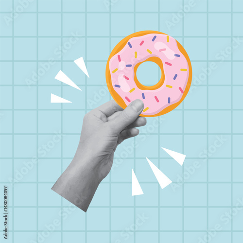 Collage design with hand holding donut on blue background. Holiday, birthday, party concept