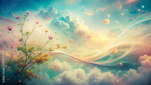 Dreamy Biophilic Cloud Art: Vintage Flowing Lines Background