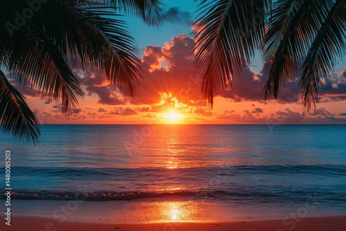 Sunset Over Calm Ocean With Palm Trees Silhouetted Against a Vibrant Sky on the Beach