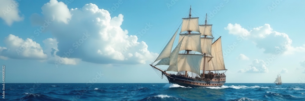 Three-masted clipper ship, full sails, dynamic ocean scene , adventure, sails, antique Three-masted clipper ship, full sails, dynamic ocean scene , adventure, sails, antique