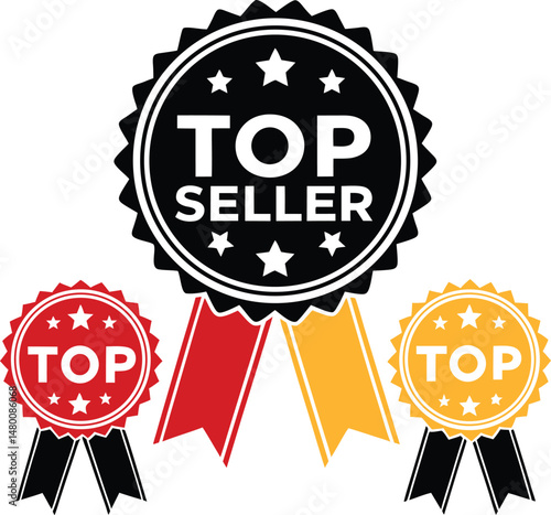 Three top seller badges in black red and yellow on white background