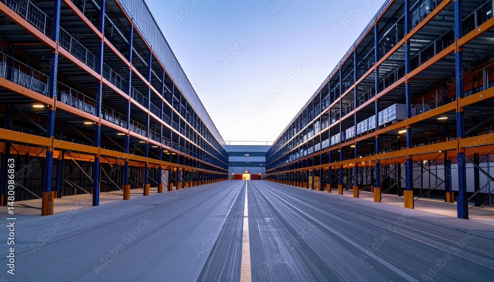 Naklejka premium Bright and Spacious Warehouse Interior with Clear Aisles and Shelves