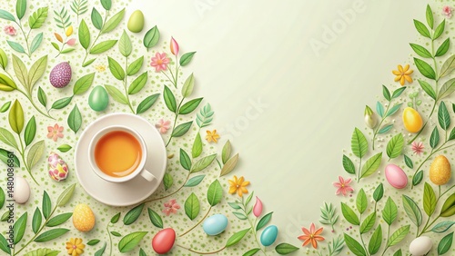 Easter Tea Leaf Pattern Background: Festive Spring Illustration with Delicate Design