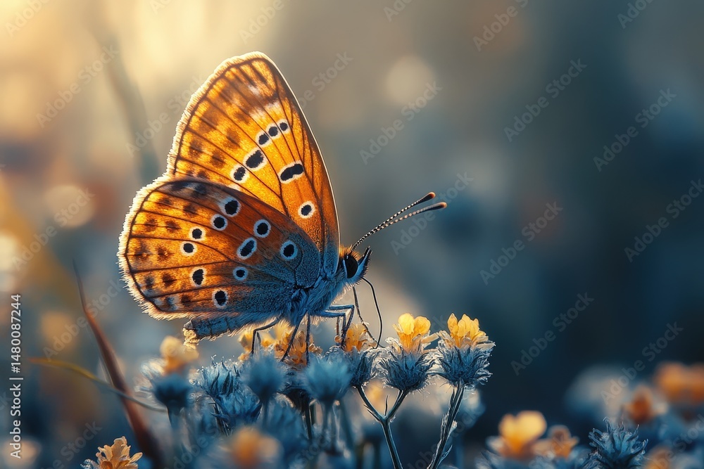 Obraz premium Colorful Butterfly Perched on Delicate Flowers During a Serene Sunset in a Meadow