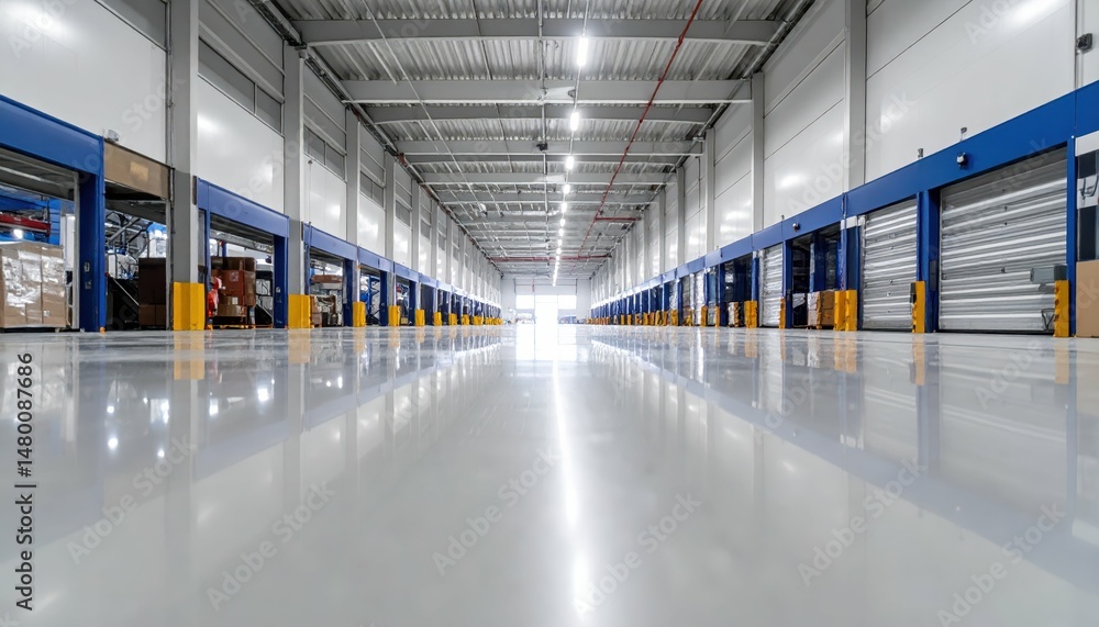 Fototapeta premium Spacious Modern Warehouse Interior with Bright Reflective Flooring