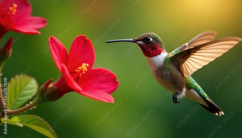 Naklejka premium Tiny hummingbird hovers, long beak in vibrant red bloom , bloom, bird, vivid