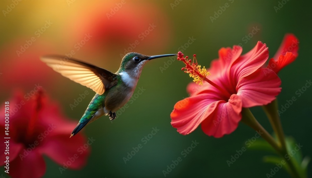 Naklejka premium Tiny hummingbird hovers, long beak in vibrant red bloom , wild, pollination, beak
