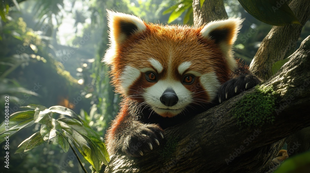 Fototapeta premium Adorable red panda resting on a tree branch surrounded by lush green foliage in a vibrant jungle setting