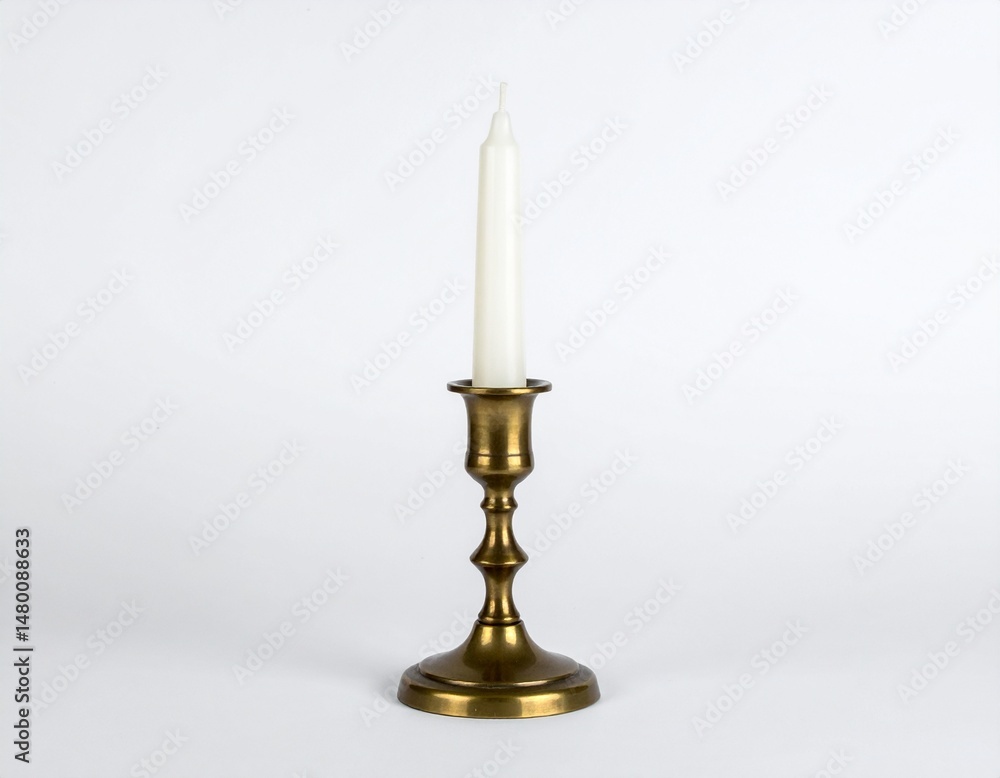 Candle sits atop brass candlestick, centered against a plain white backdrop Candle sits atop brass candlestick, centered against a plain white backdrop