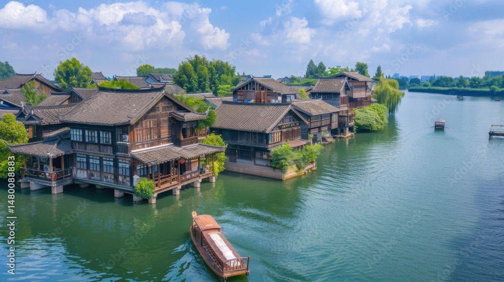 Fototapeta premium Serene riverside village with traditional wooden houses.
