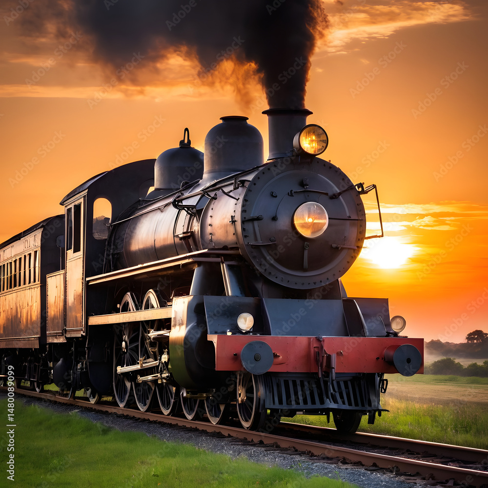 Naklejka premium Majestic Vintage Steam Locomotive at Sunset Traveling Through Scenic Countryside