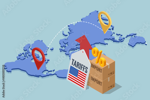 Isometric showing rising US import tariffs, affecting global logistics with plane, cargo ship, truck, and map route symbolising Import tariffs, trade war and economic conflict