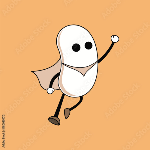 Cartoon super bean character flying in heroic pose on tan background