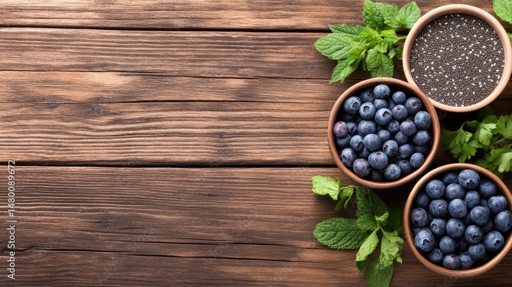 Fototapeta premium Fresh blueberries and mint leaves are artfully arranged in clay bowls atop a rustic wooden surface, creating a vibrant and healthy culinary scene.