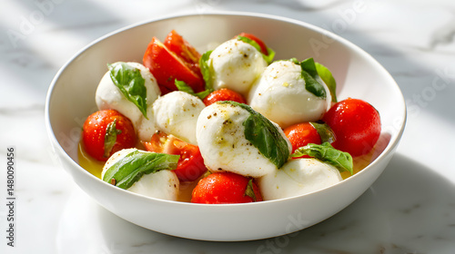 Caprese Salad Fresh Mozzarella Tomatoes Basil in White Bowl on Marble Tabletop Gourmet Italian Dish
