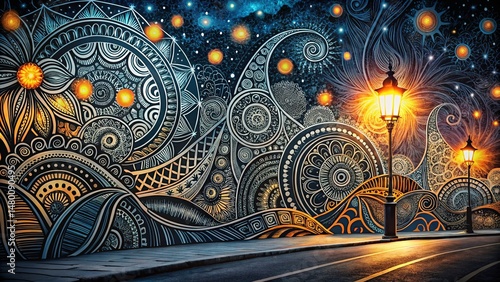 Elegant Hand-Drawn Doodle Abstract Night Pattern - Dark Background Stock Photo