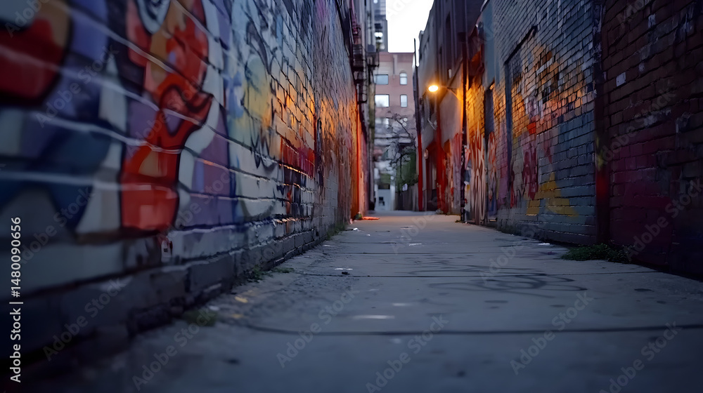 Fototapeta premium A narrow urban alleyway adorned with vibrant graffiti, illuminated by streetlights, showcasing the evening city atmosphere