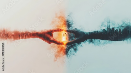 A stylized image of two hands reaching towards each other, holding a padlock, symbolizing connection and security amid contrasting cityscapes.