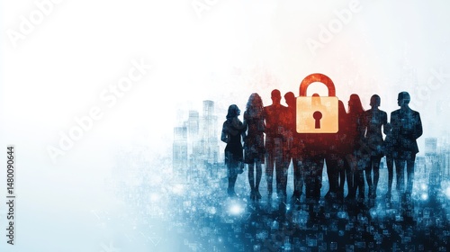 Silhouetted figures stand before a digital backdrop, featuring a large padlock symbol, representing security and privacy in a technological context.