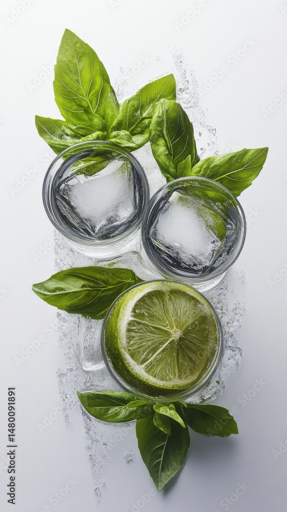 Obraz premium Refreshing Basil Lime Drinks with Ice Cubes Overhead Still Life on White Background