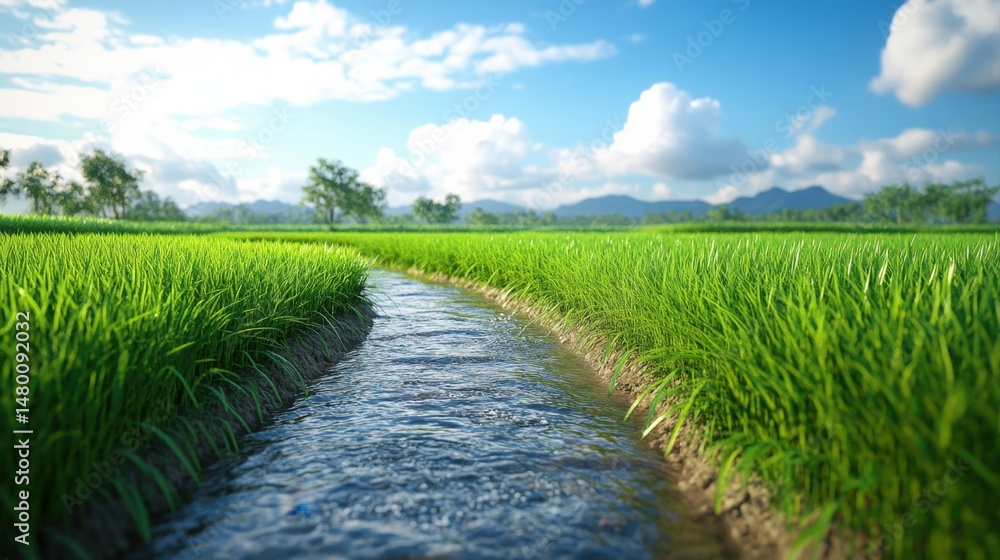 Naklejka premium Serene Landscape with Water Stream Flowing Through Green Rice Fields under Clear Blue Sky and Puffy White Clouds