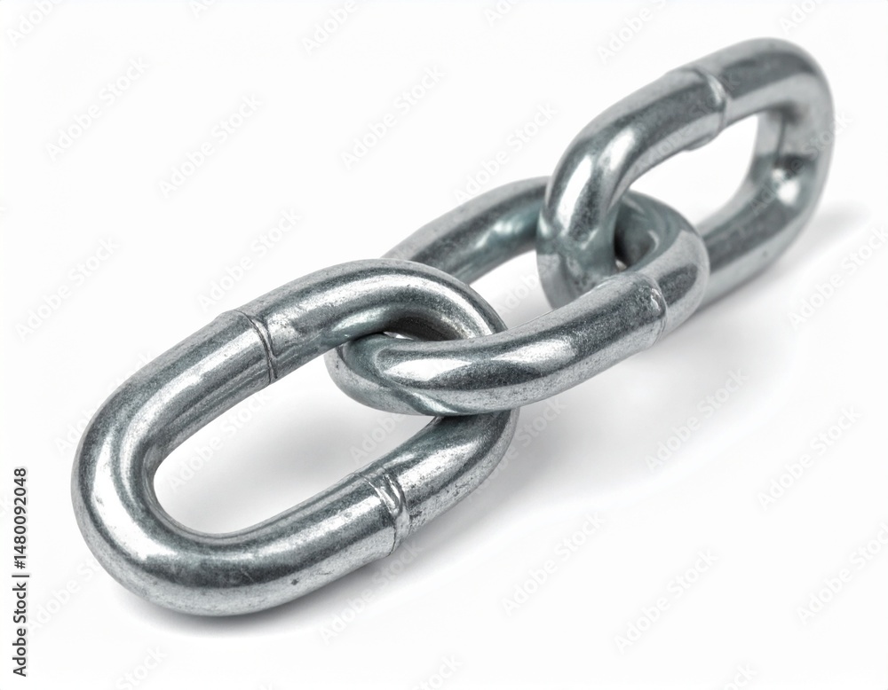 Obraz premium Three interlocked metal links of chain are shown with a white background in bright lighting